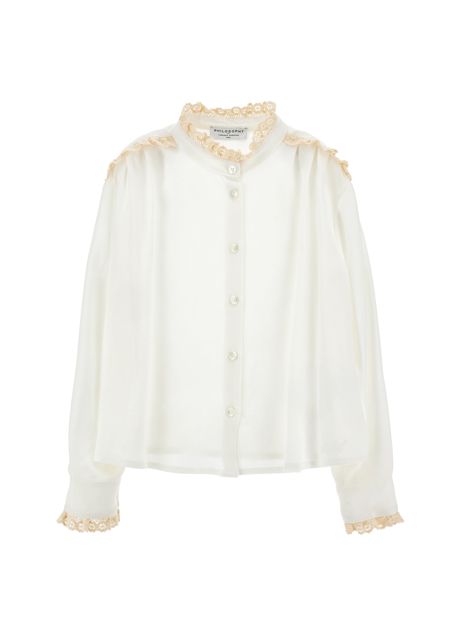 Poplin Ls Blouse With Lace Trim - Panna