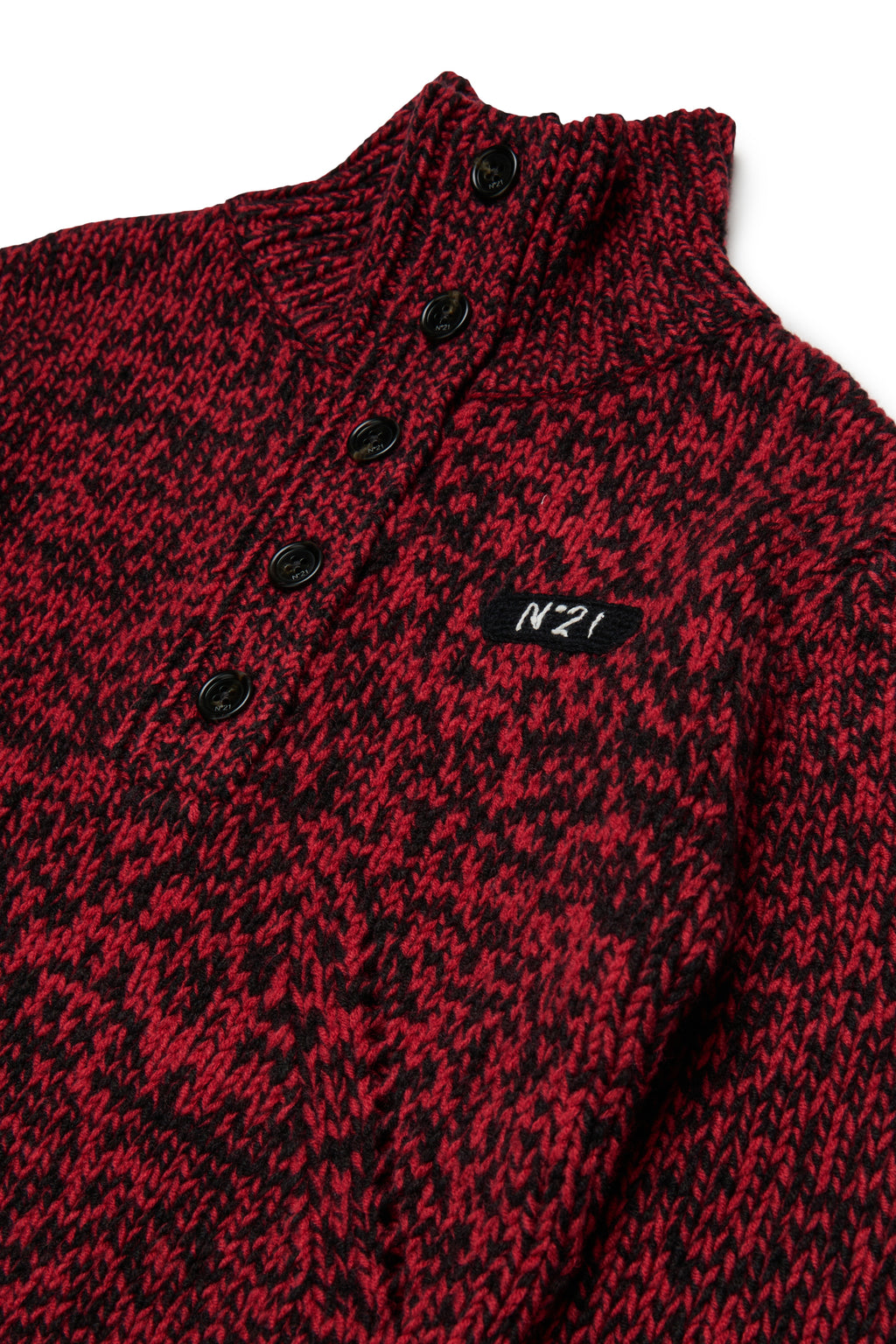 HALF BUTTONED FUNNEL NECK SPECKLED SWEATER - RED