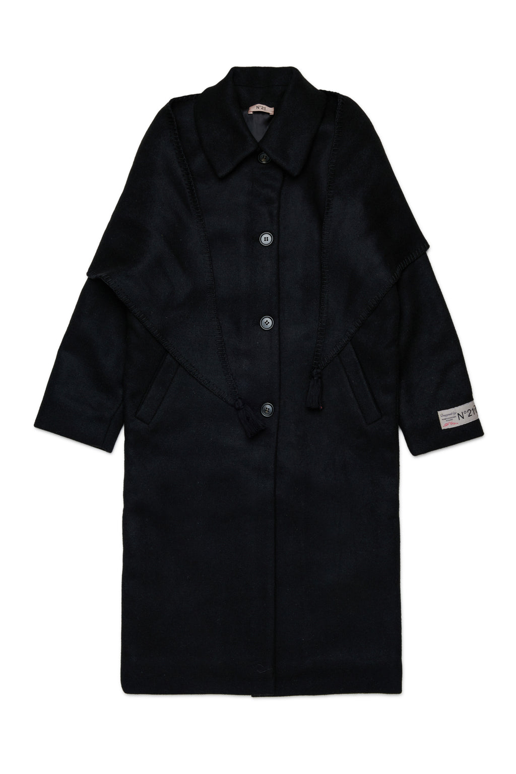 LONG WOOL BLEND COAT WITH ATTACHED MATCHING SHAWL - BLACK - N. 21