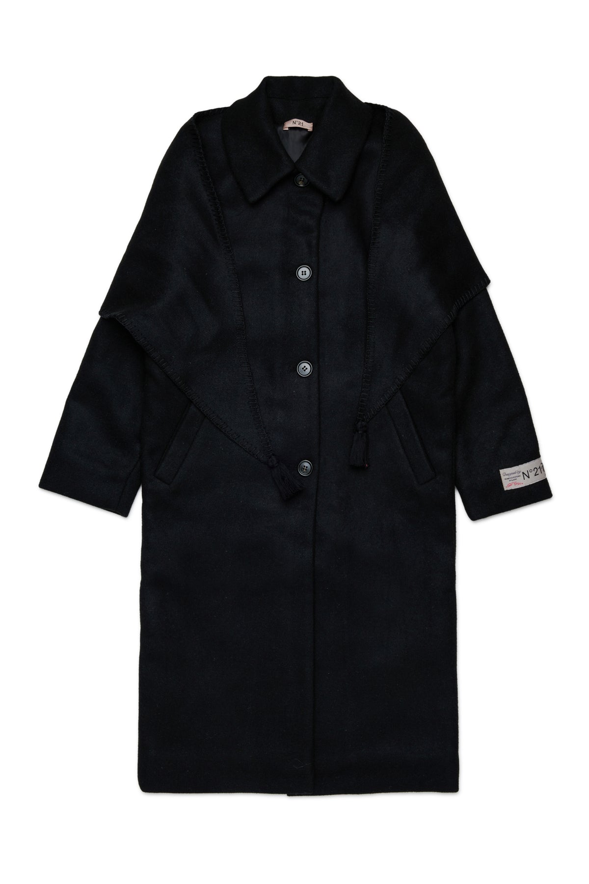LONG WOOL BLEND COAT WITH ATTACHED MATCHING SHAWL - BLACK - N. 21