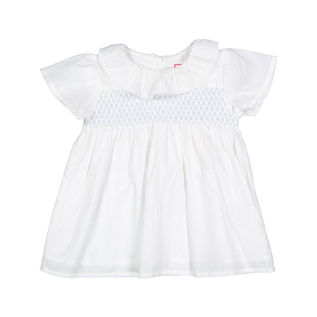 1984310 White Embroidered smocked Short Sleeve Blouse