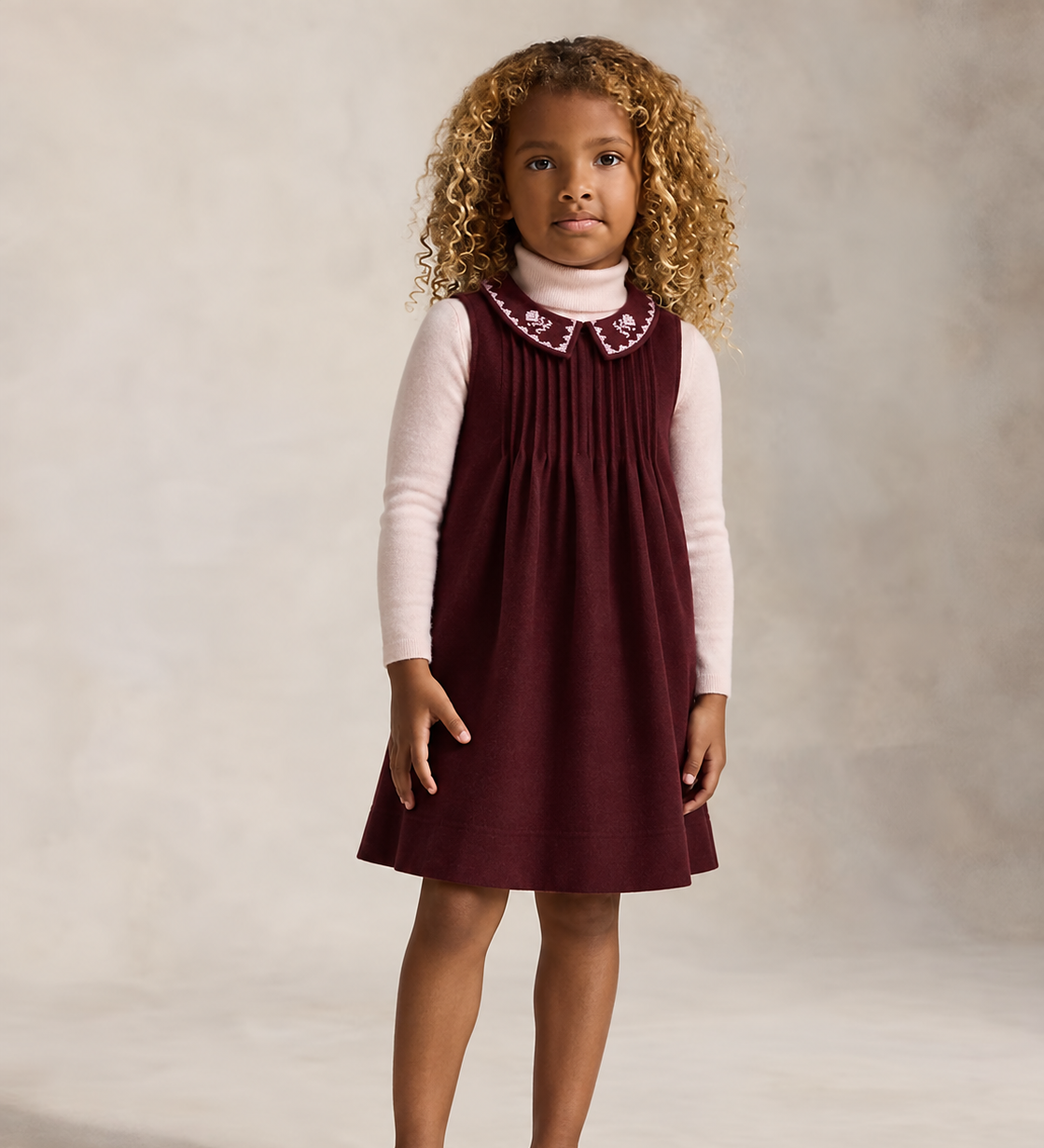 Burgundy Embroidered Collar Dress
