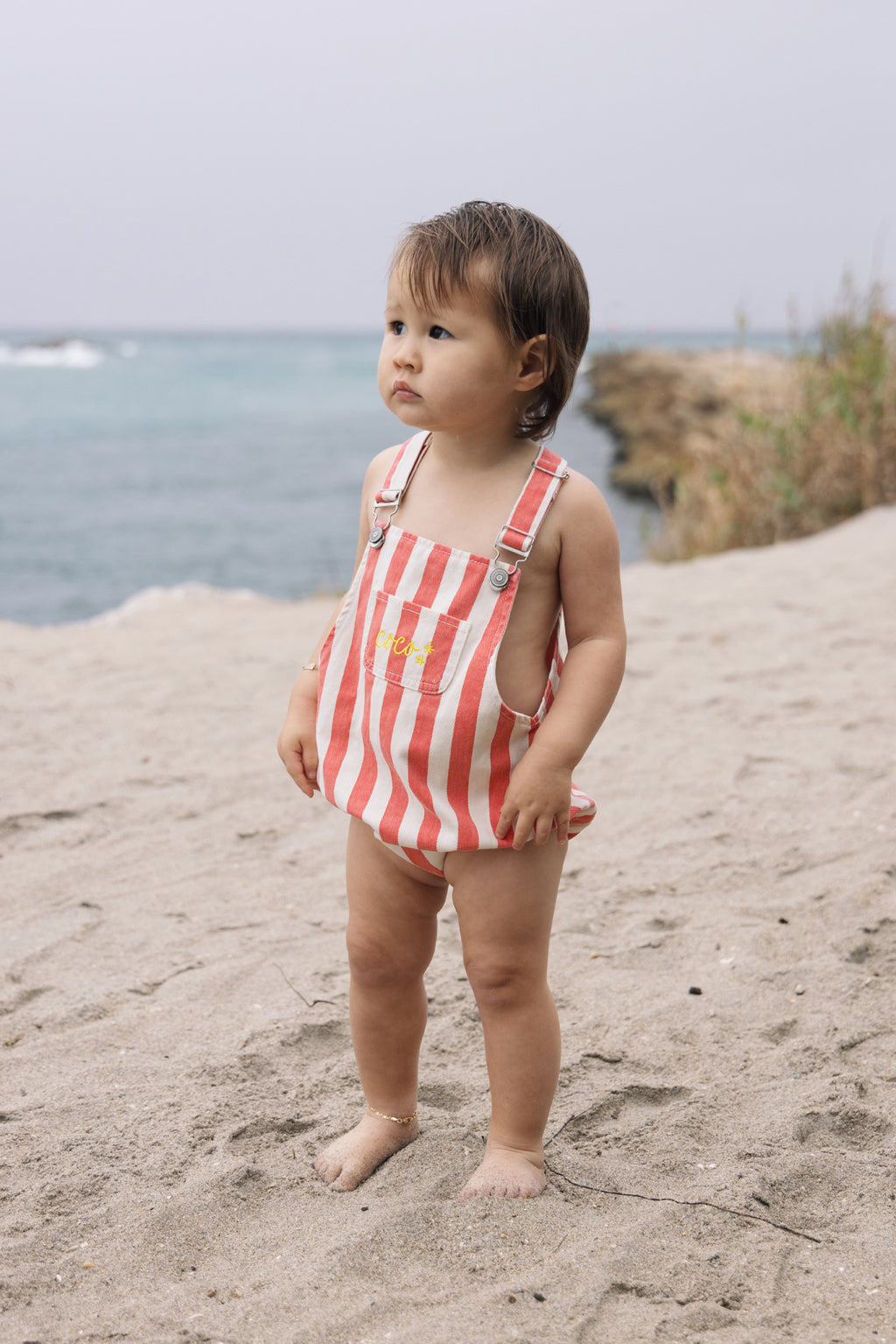 SHORT OVERALLS Coral stripes