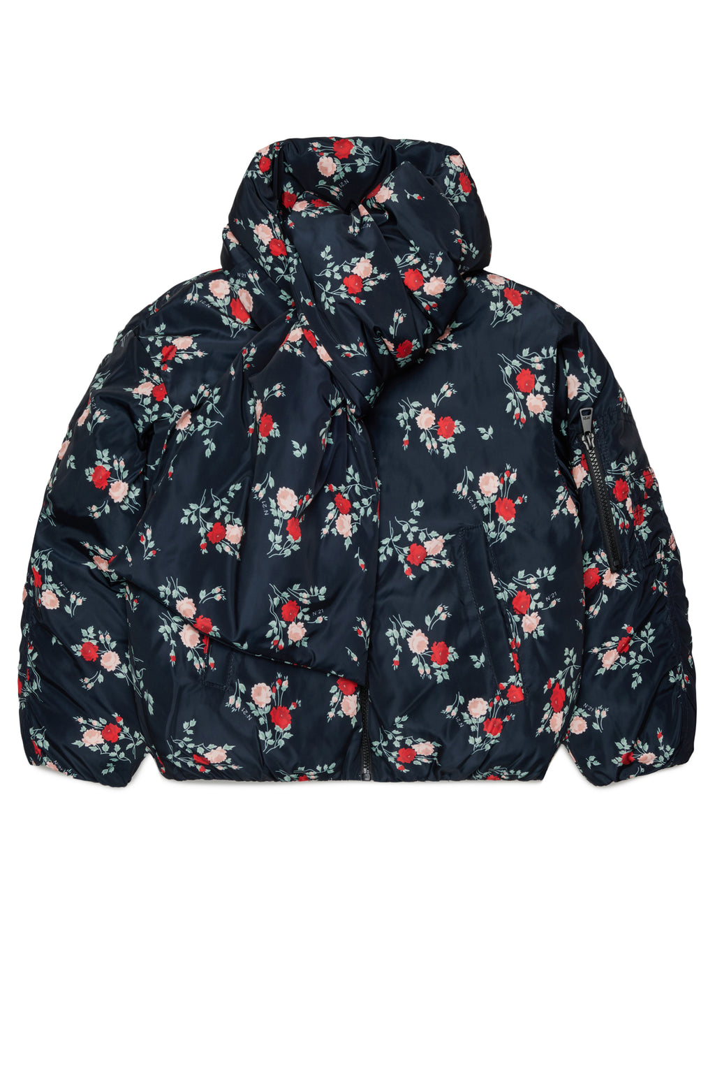SHORT FLORAL PUFFER JACKET WITH ATTACHED SCARF - FLORAL BK