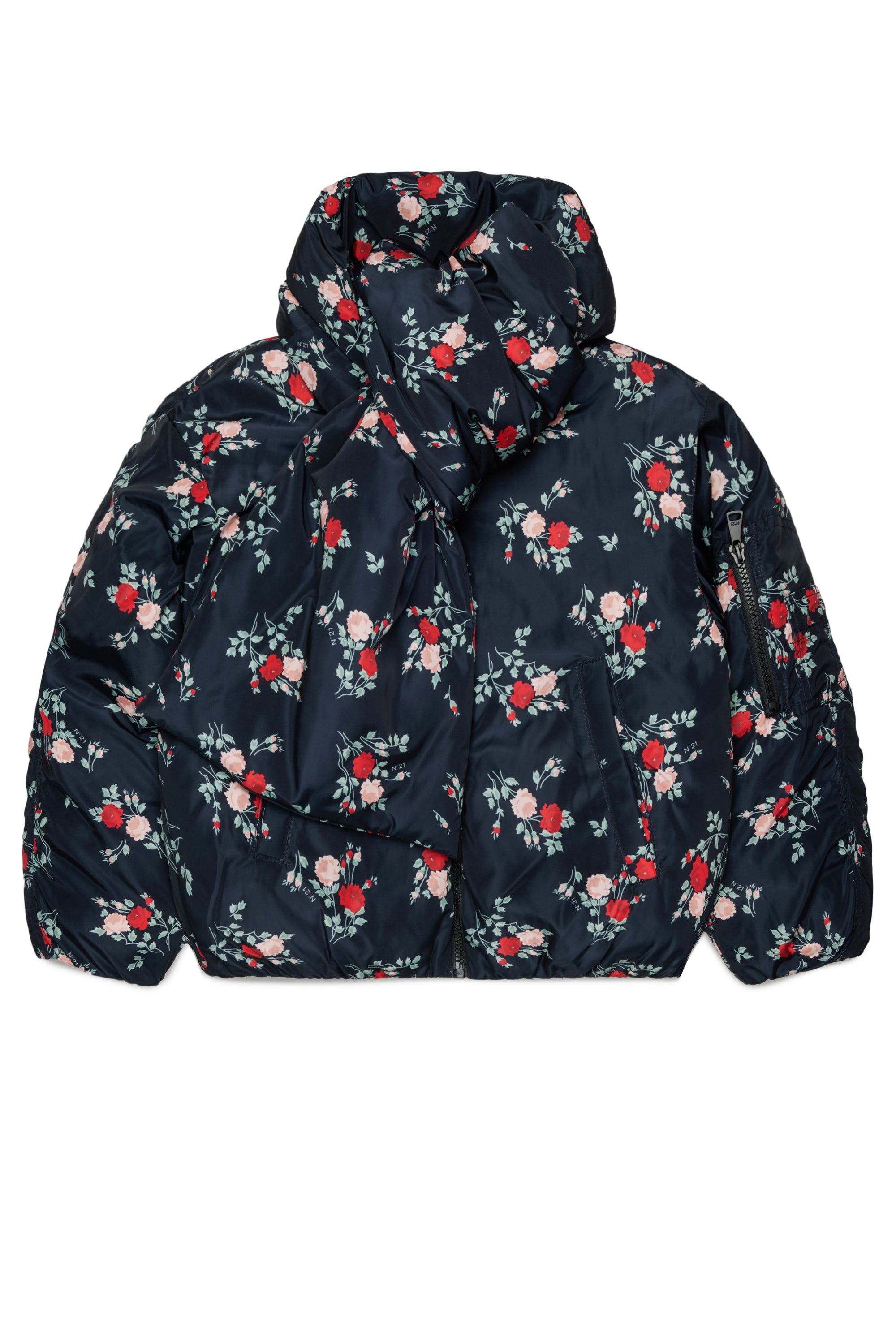 SHORT FLORAL PUFFER JACKET WITH ATTACHED SCARF - FLORAL BK