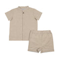 STAND UP COLLAR SHIRT+SHORTS SHABBOS SET Beige/ White Piping