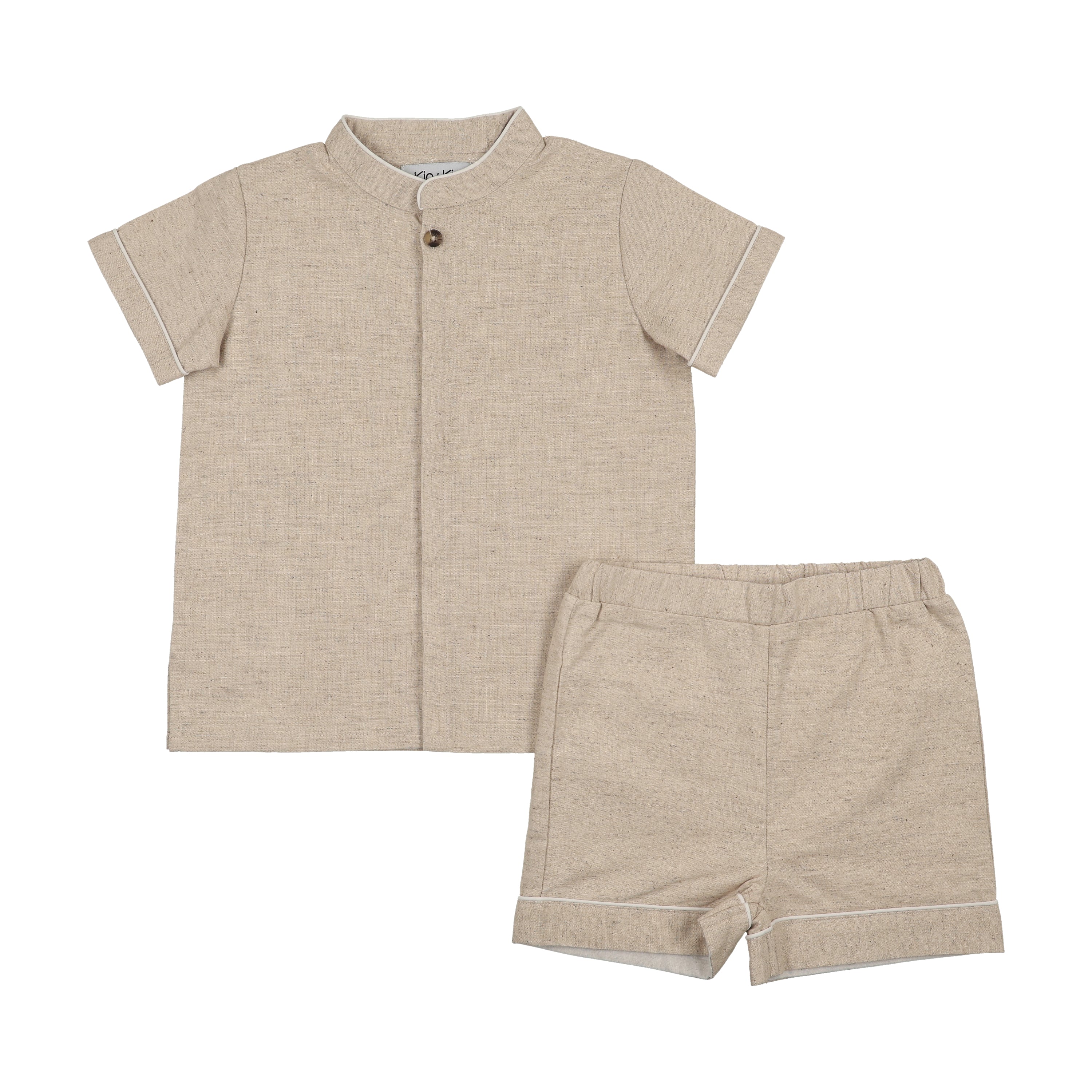 STAND UP COLLAR SHIRT+SHORTS SHABBOS SET Beige/ White Piping