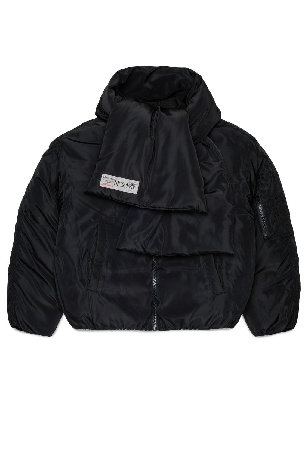 SHORT PUFFER JACKET WITH ATTACHED SCARF - BLACK