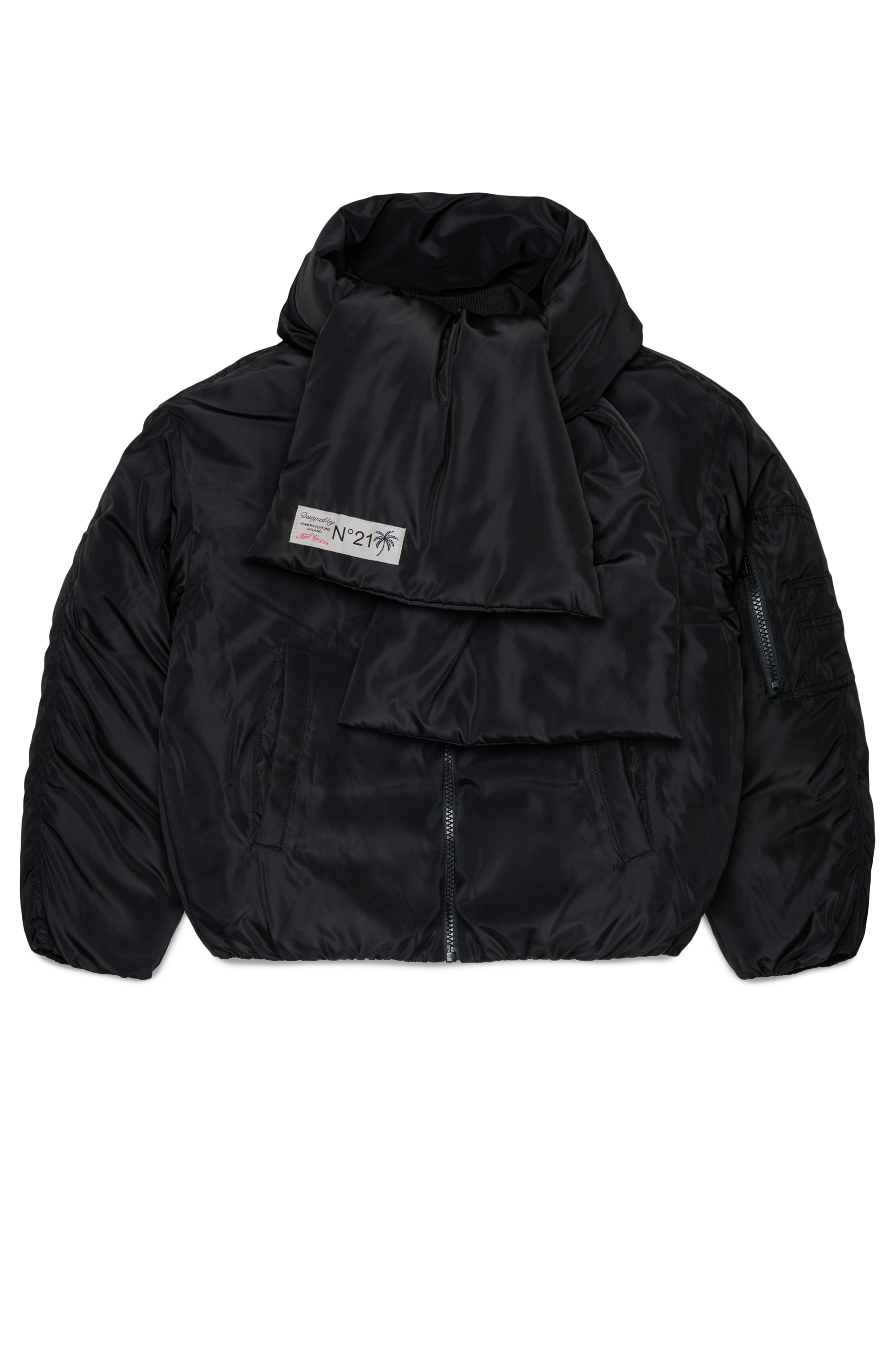 SHORT PUFFER JACKET WITH ATTACHED SCARF - BLACK
