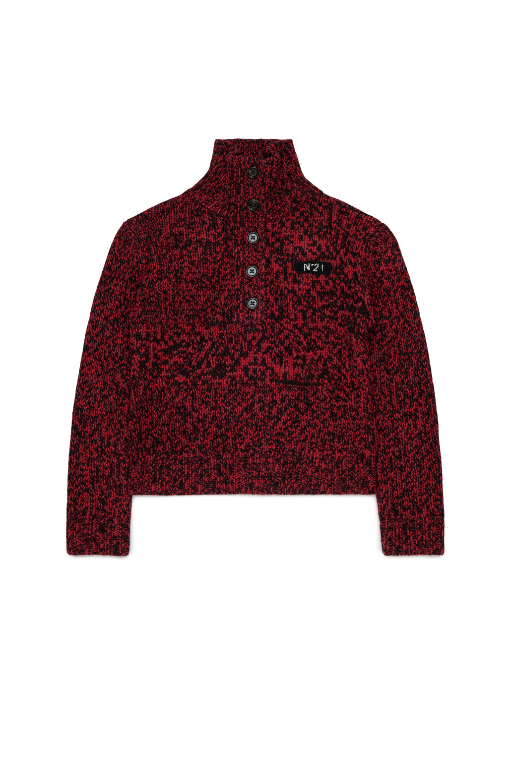 HALF BUTTONED FUNNEL NECK SPECKLED SWEATER - RED