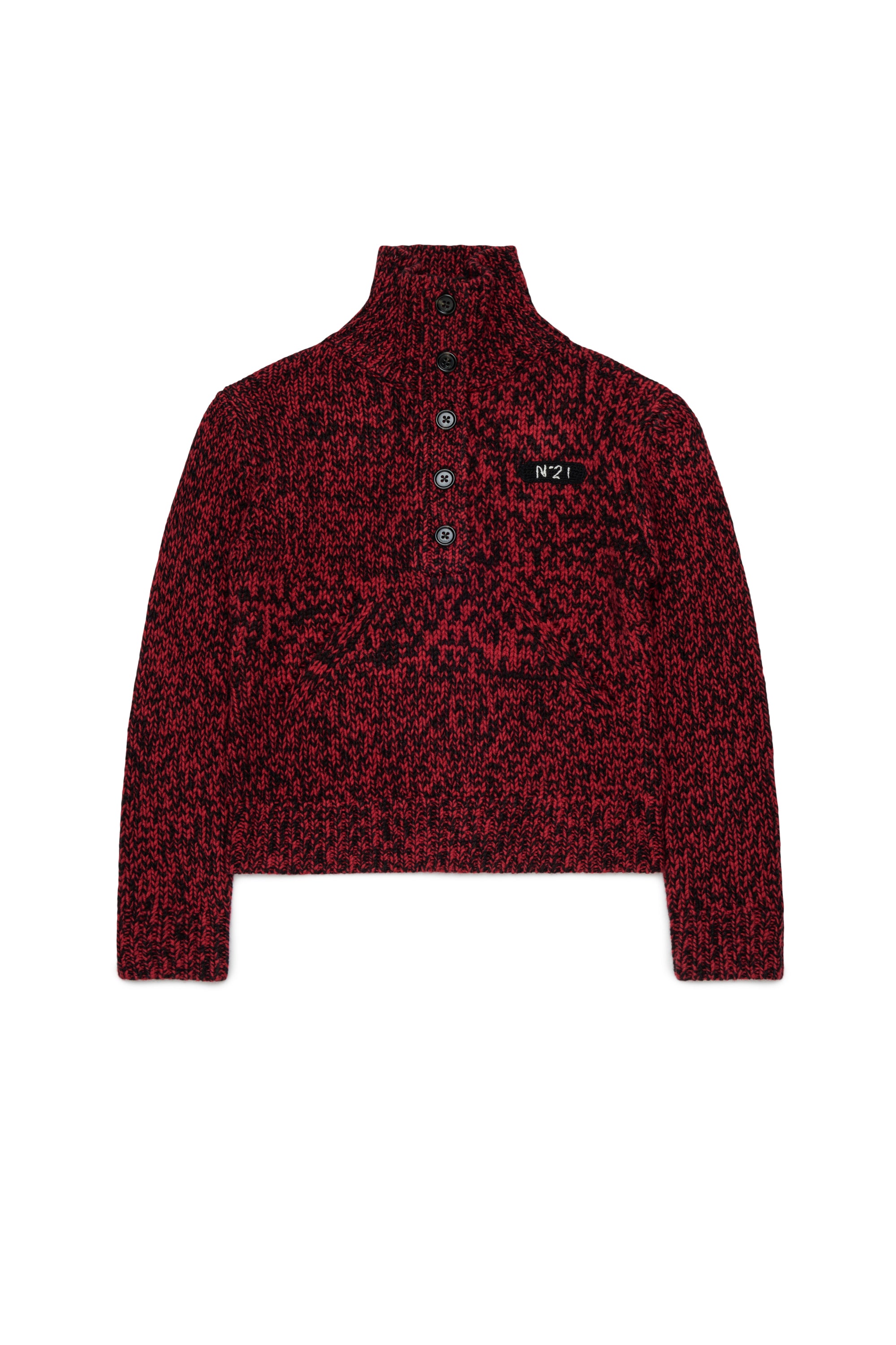 HALF BUTTONED FUNNEL NECK SPECKLED SWEATER - RED