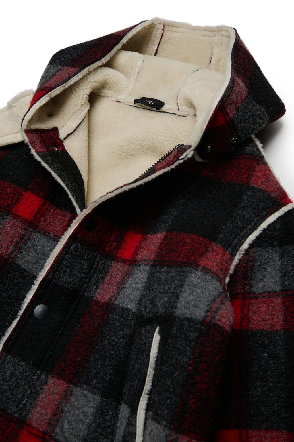 WOOL BLEND PLAID COAT WITH HOOD - BLACK/RED