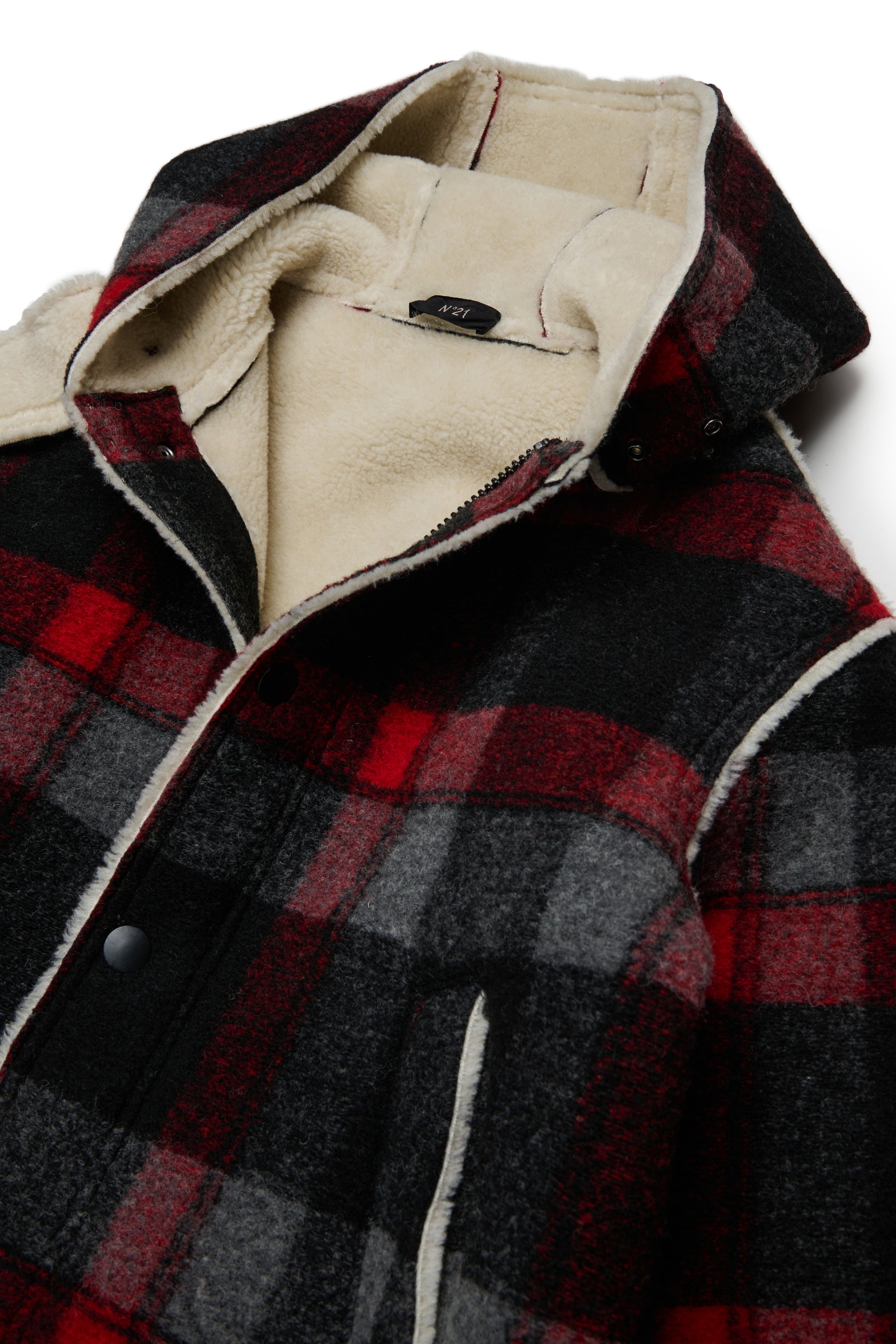 WOOL BLEND PLAID COAT WITH HOOD - BLACK/RED