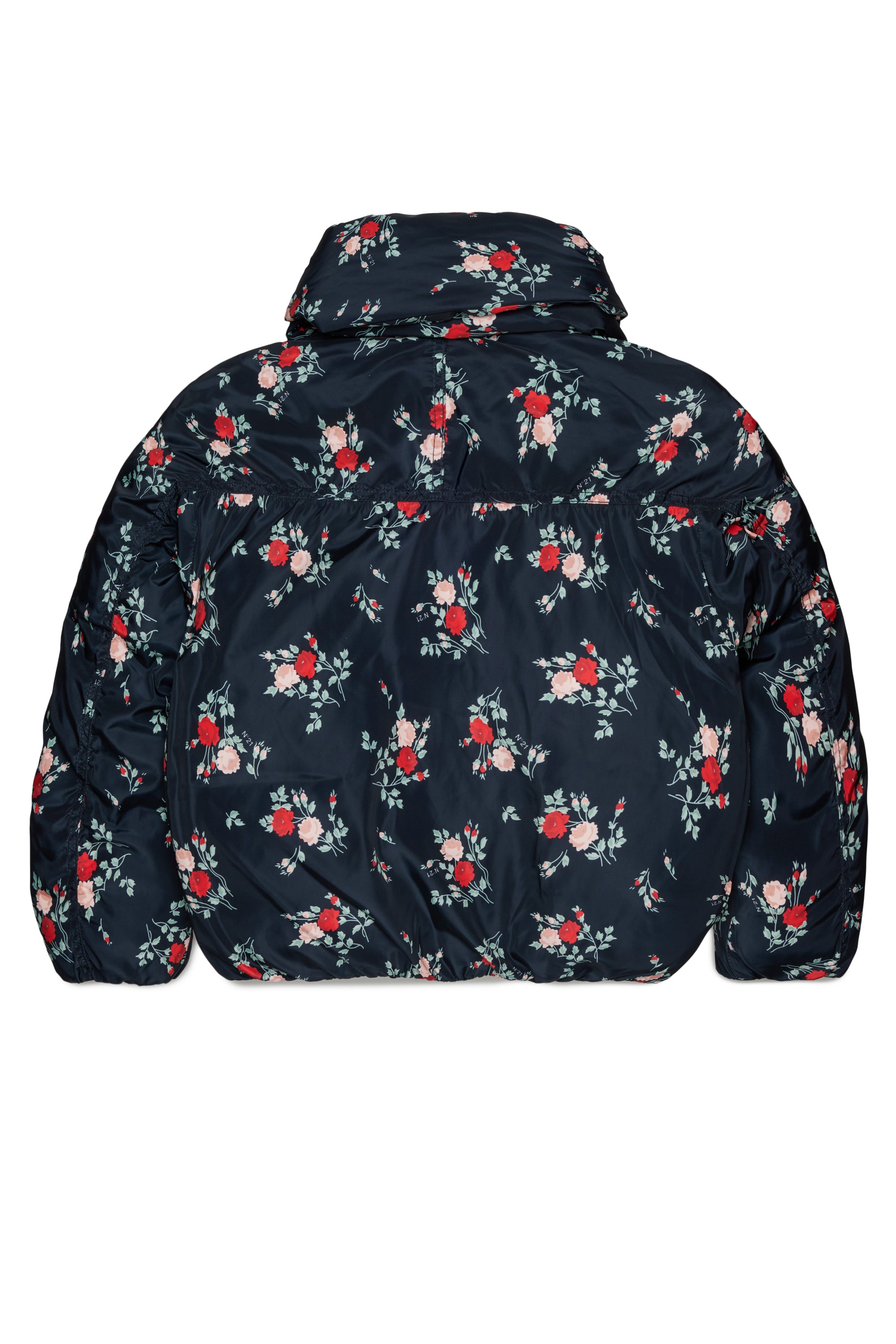 SHORT FLORAL PUFFER JACKET WITH ATTACHED SCARF - FLORAL BK