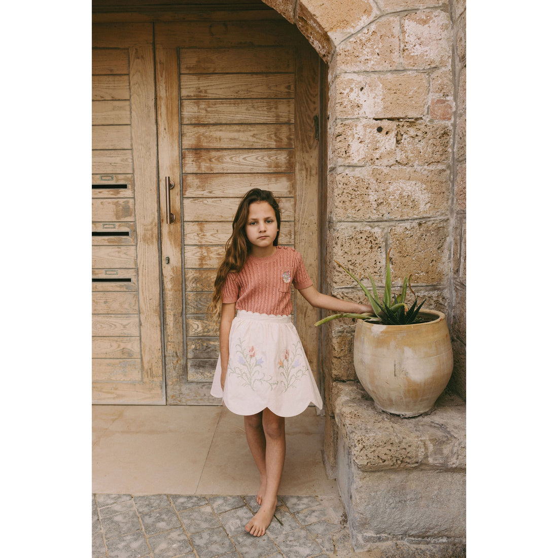 1984409 Cream Rose embroidred Scalloped Skirt