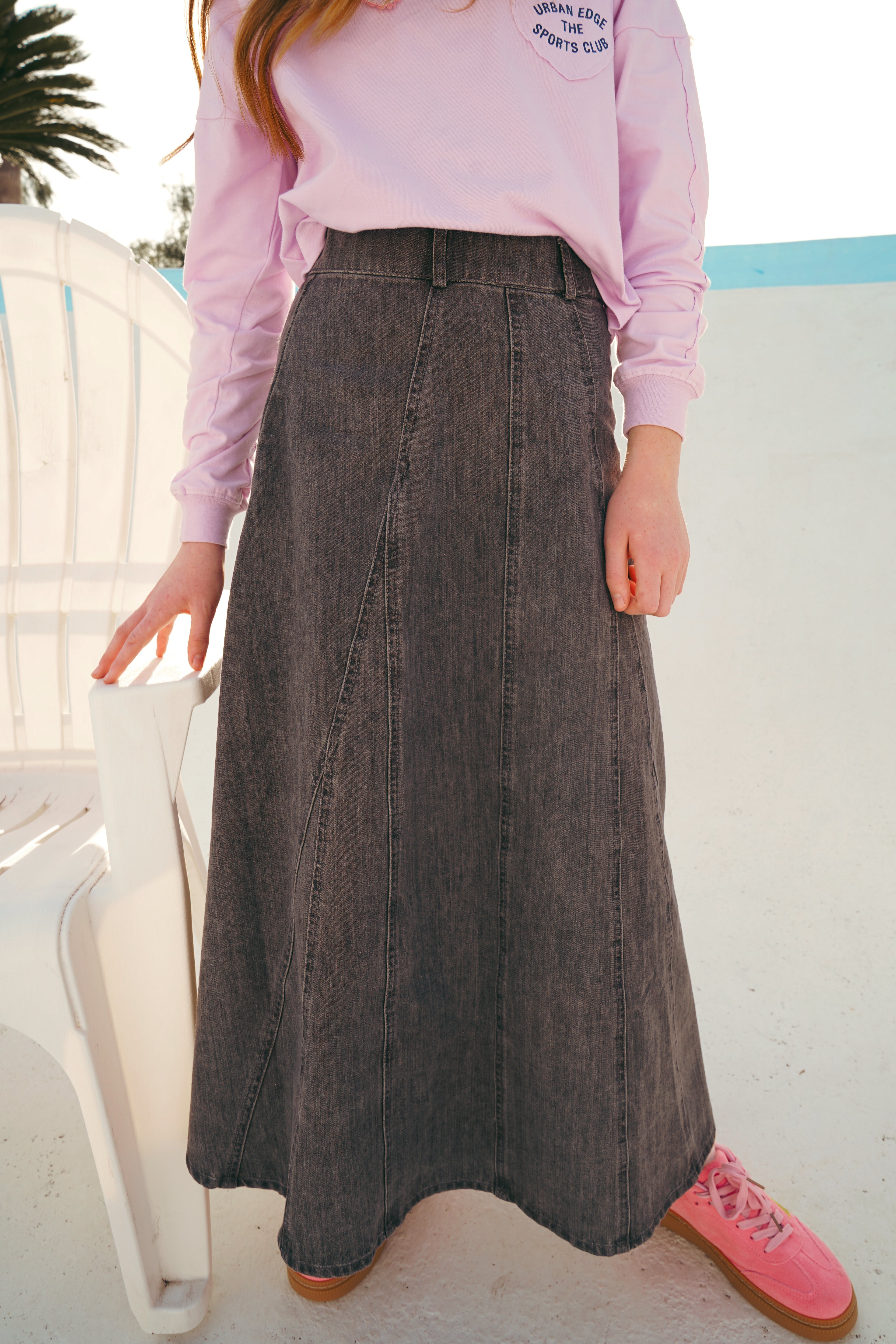 Washed Black Panneled Denim Skirt