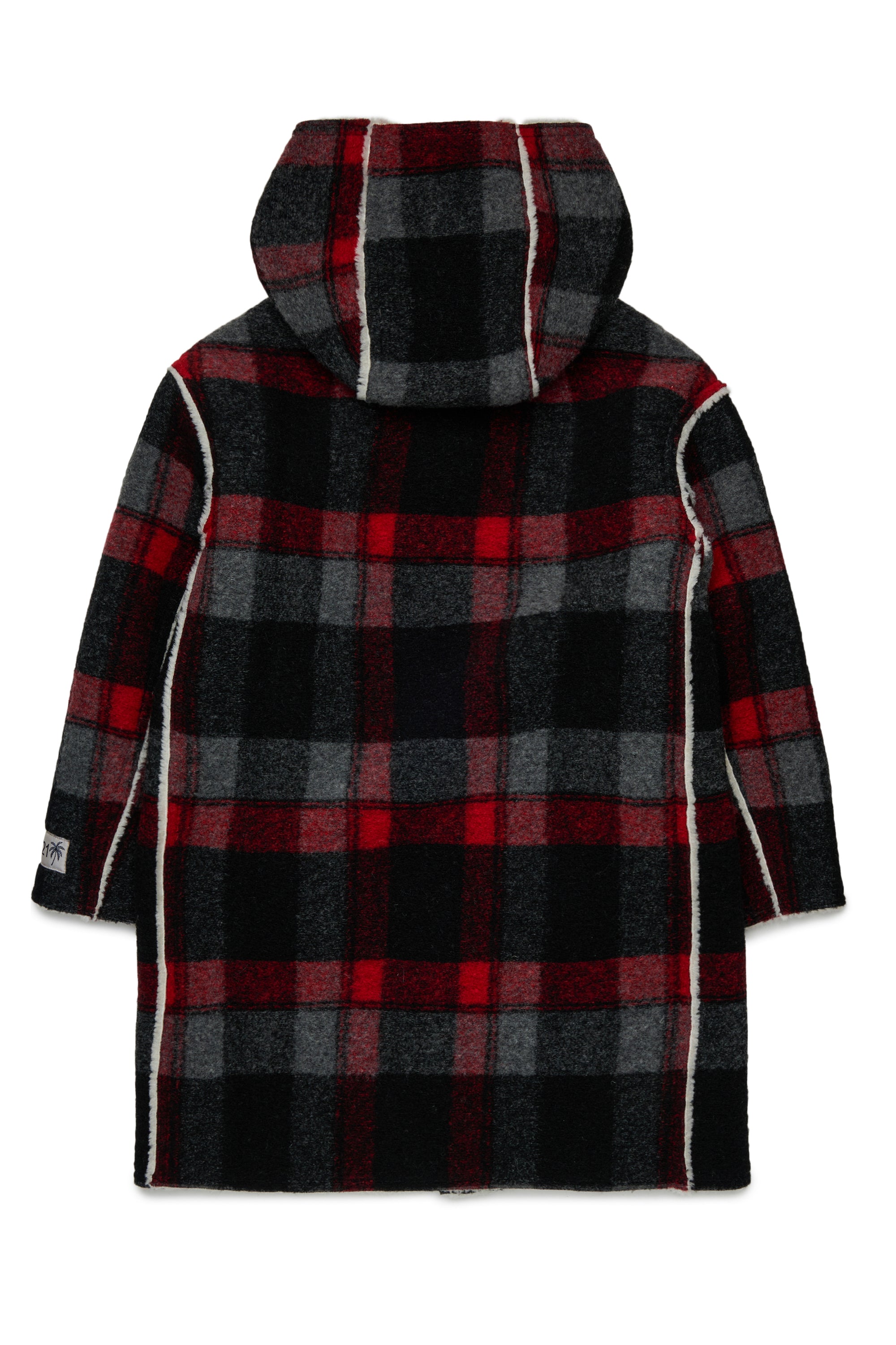 WOOL BLEND PLAID COAT WITH HOOD - BLACK/RED