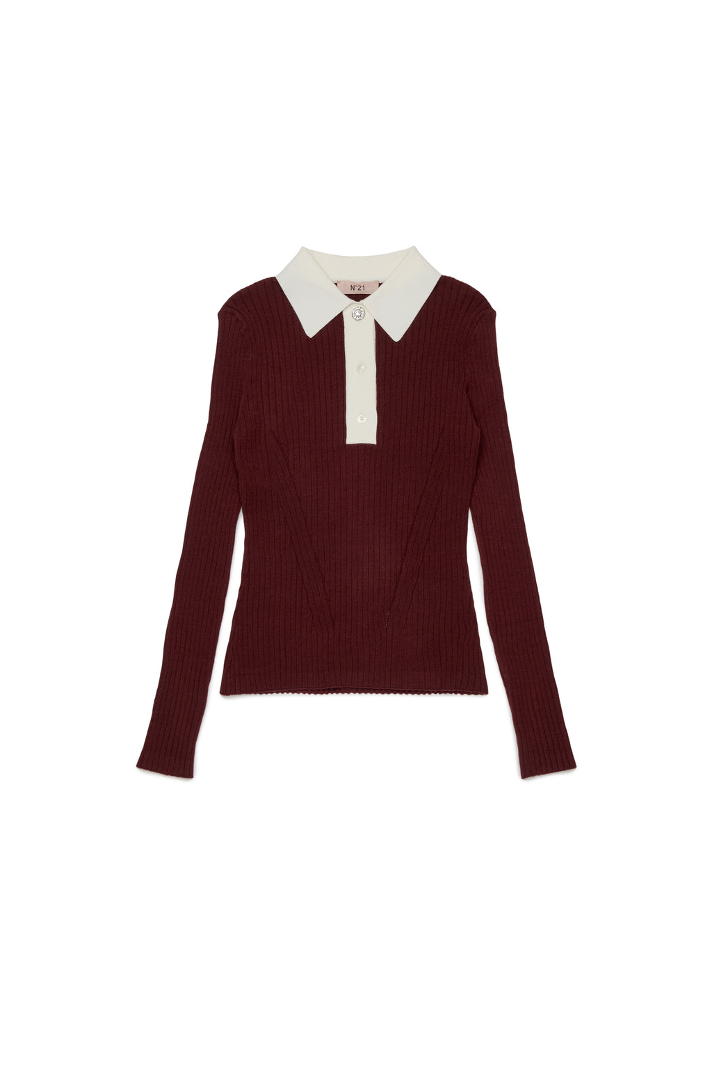 LS RIB KNIT POLO WITH CONTRAST COLLAR - MAROON
