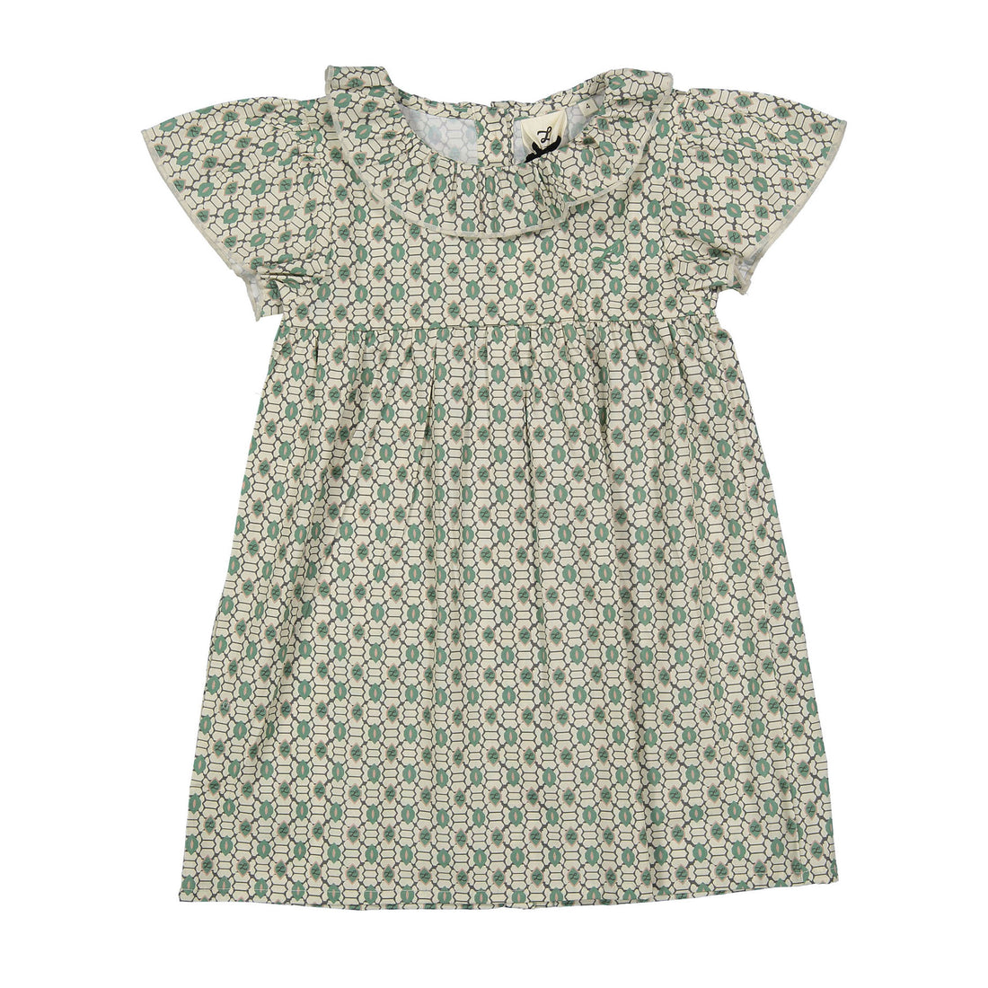 Green Geo Short Sleeve Flutter Dress