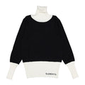 Elw110a black knit center with ribbon on turtleneck, bottom of sleeves and band of shirt