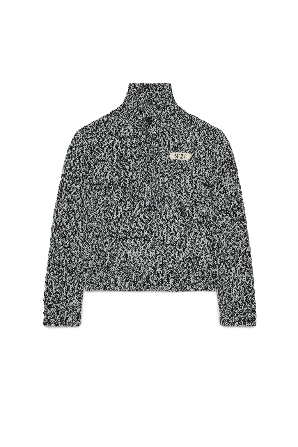 HALF BUTTONED FUNNEL NECK SPECKLED SWEATER - BLACK
