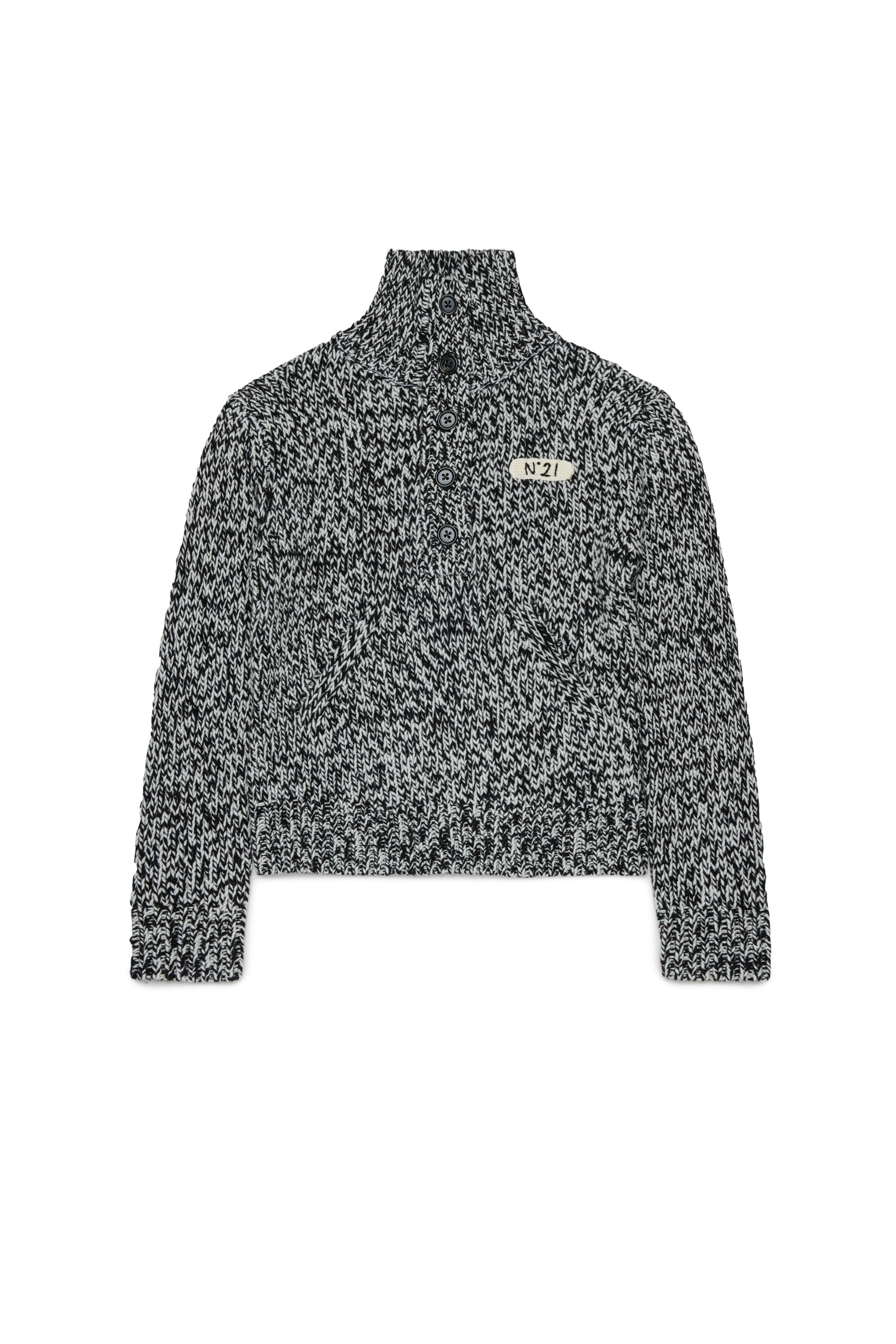 HALF BUTTONED FUNNEL NECK SPECKLED SWEATER - BLACK