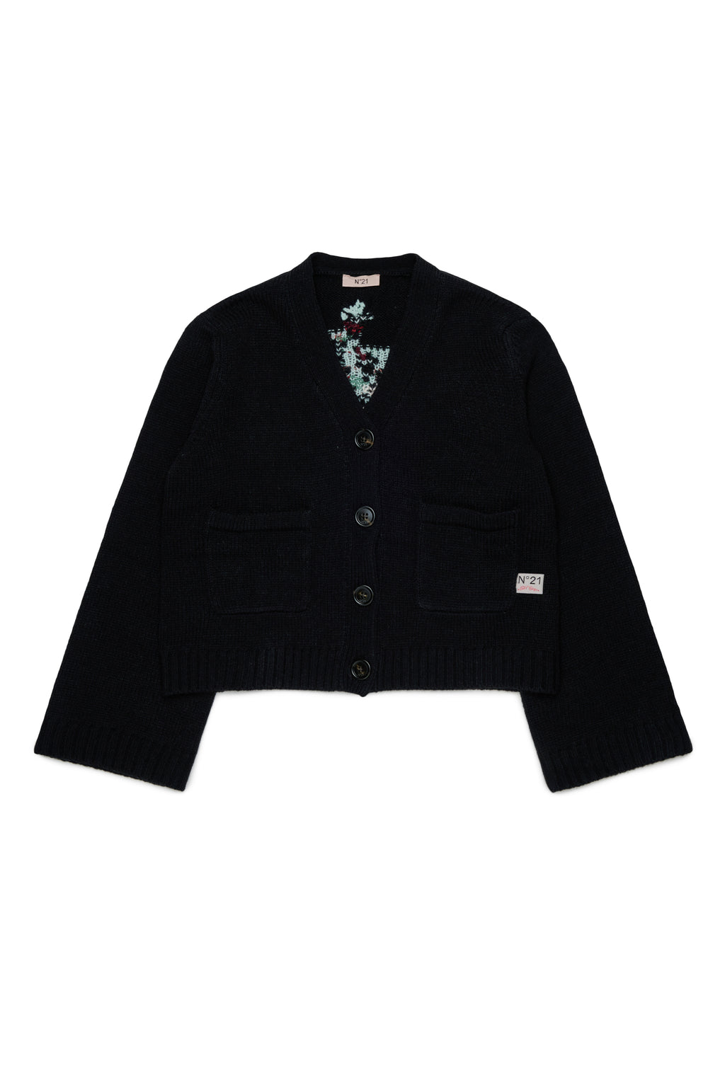 KNIT CARDIGAN WITH JACQUARD FLOWERS ON BACK - BLACK