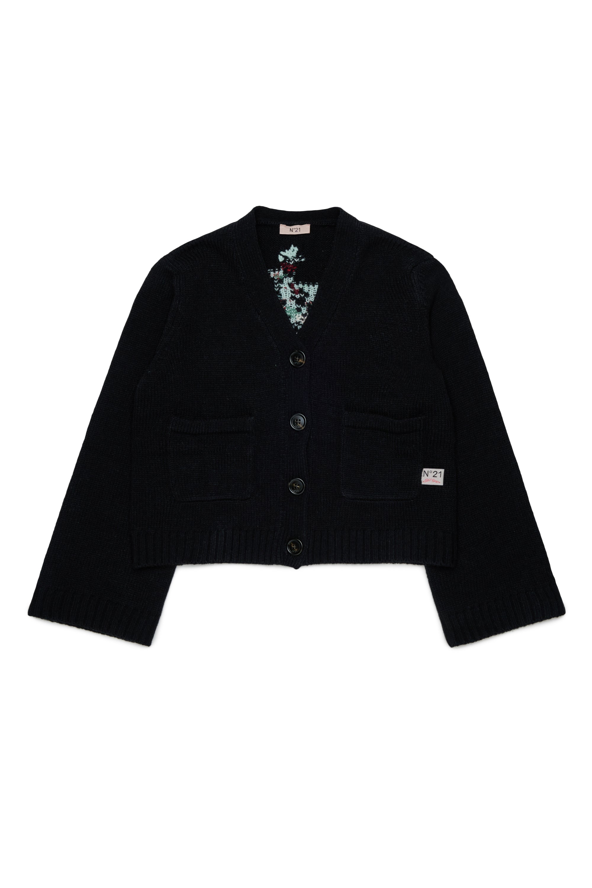 KNIT CARDIGAN WITH JACQUARD FLOWERS ON BACK - BLACK