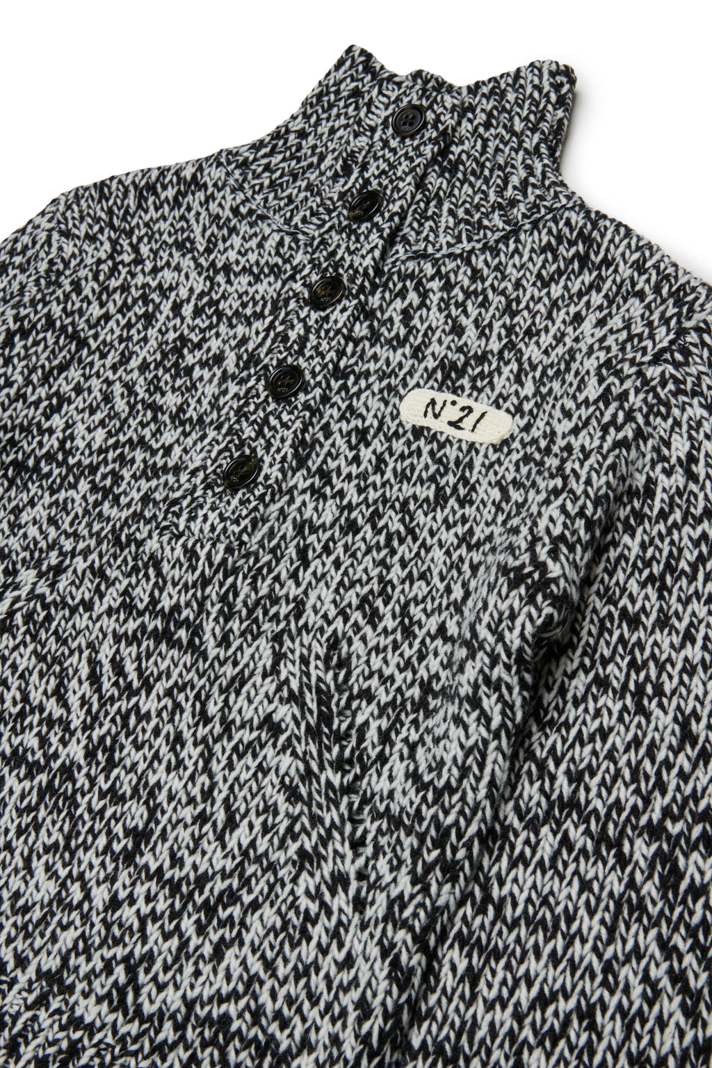 HALF BUTTONED FUNNEL NECK SPECKLED SWEATER - BLACK