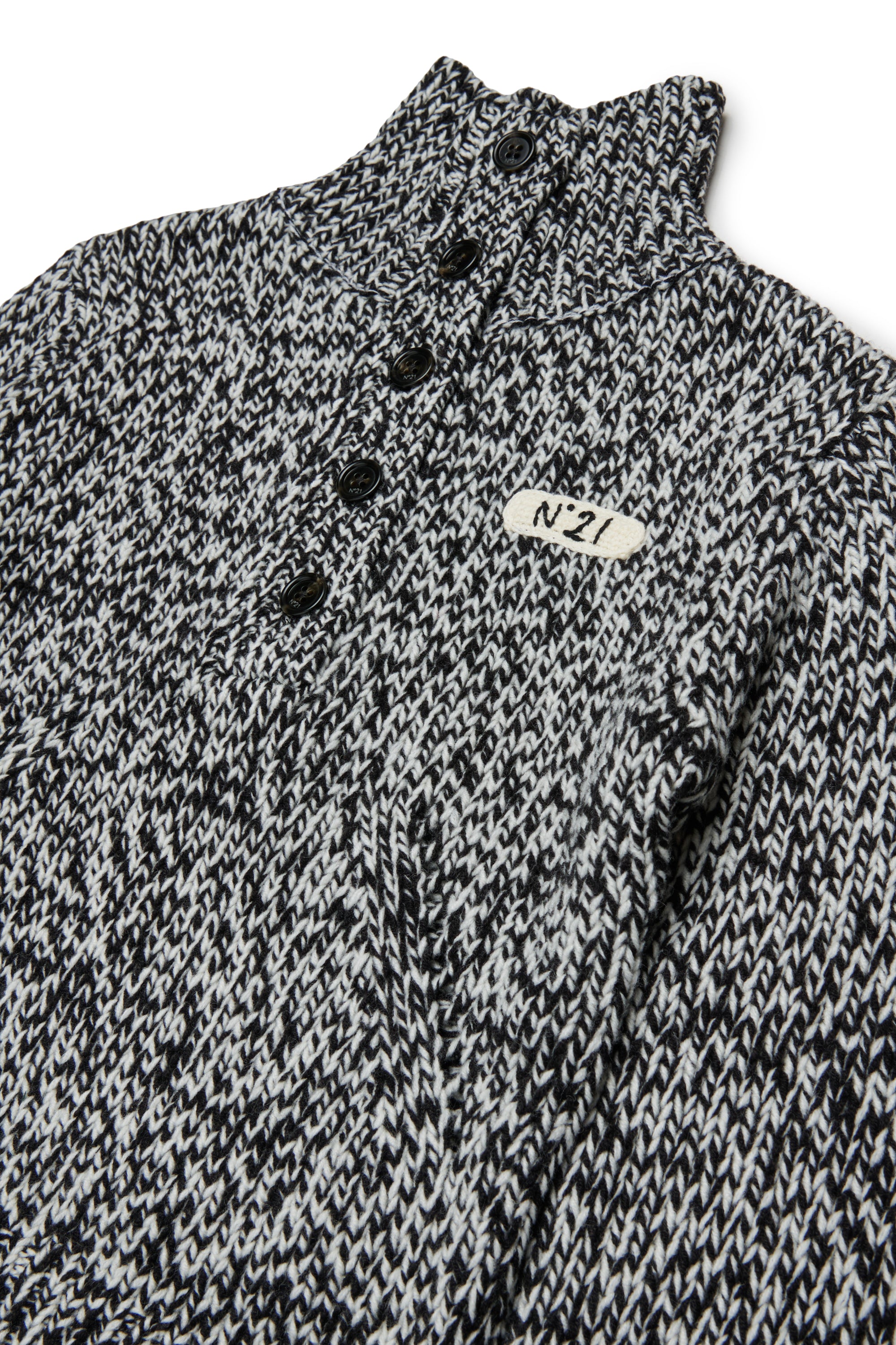 HALF BUTTONED FUNNEL NECK SPECKLED SWEATER - BLACK