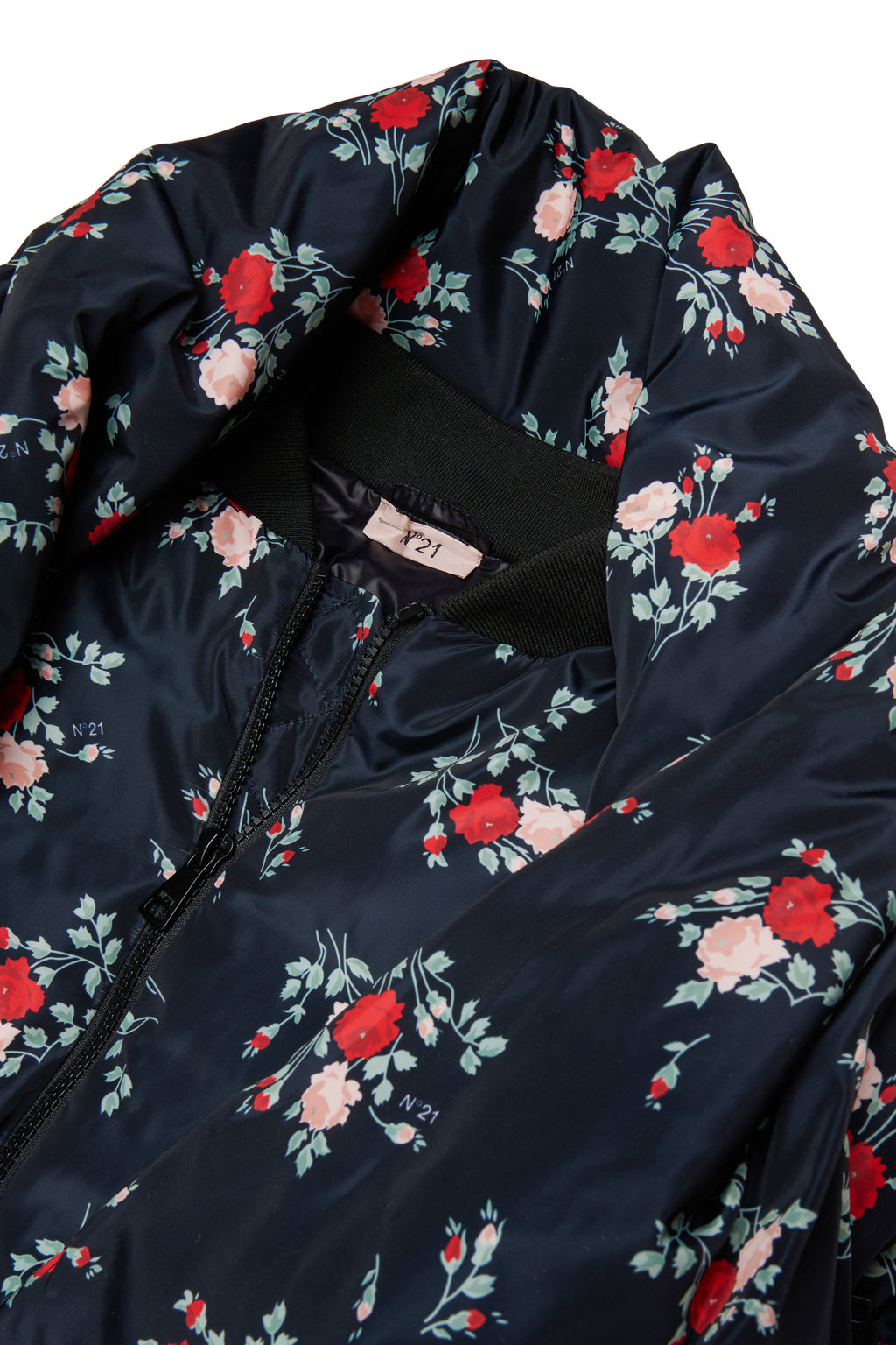 SHORT FLORAL PUFFER JACKET WITH ATTACHED SCARF - FLORAL BK