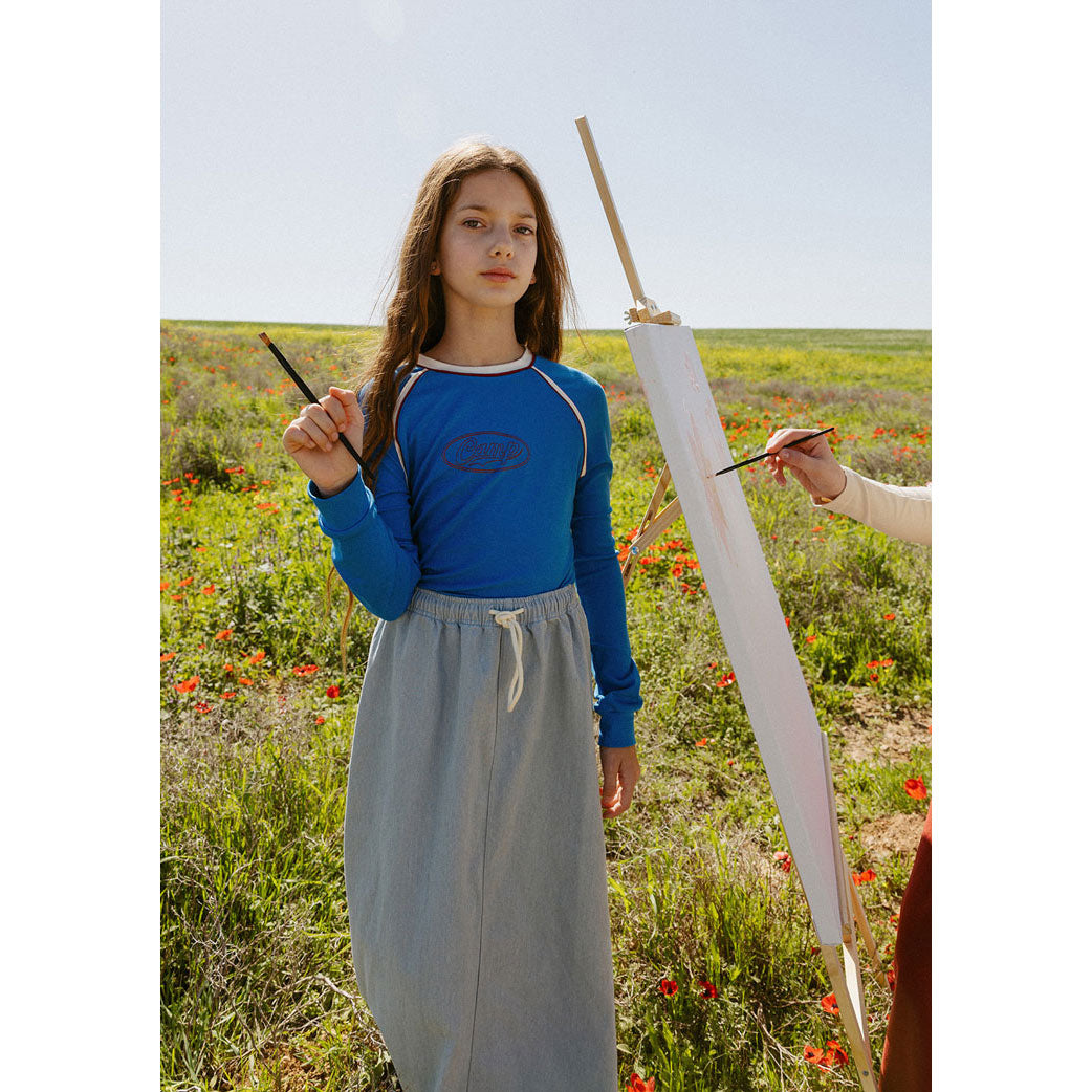 ELS2621 Washed Blue Denim Drawstring Skirt
