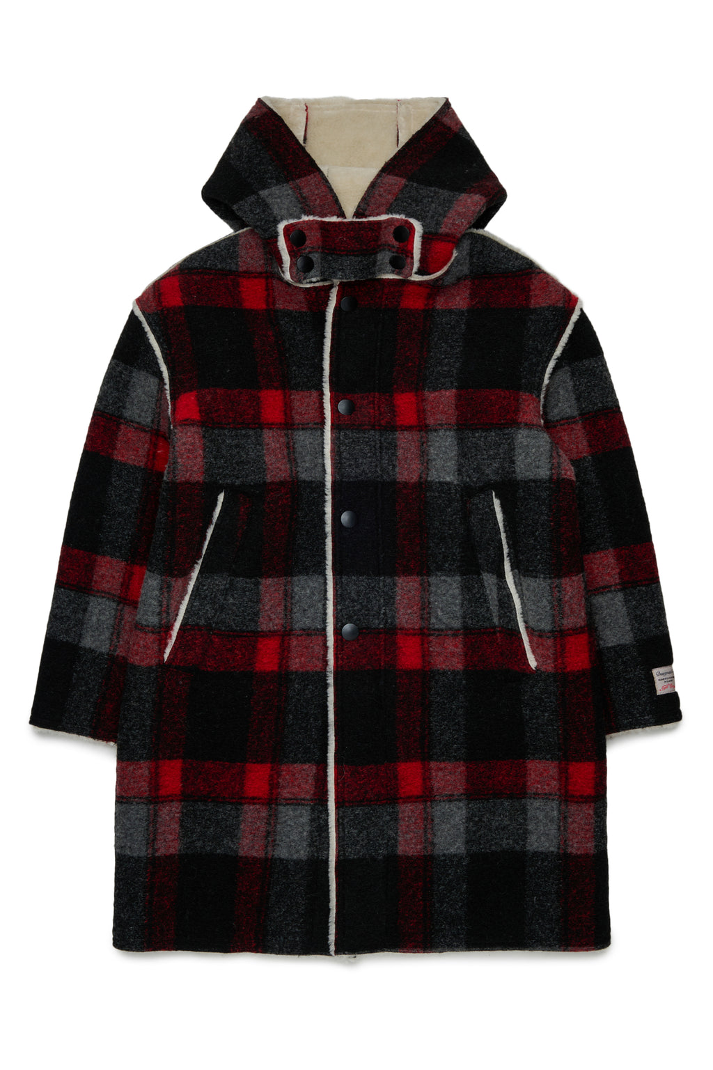 WOOL BLEND PLAID COAT WITH HOOD - BLACK/RED