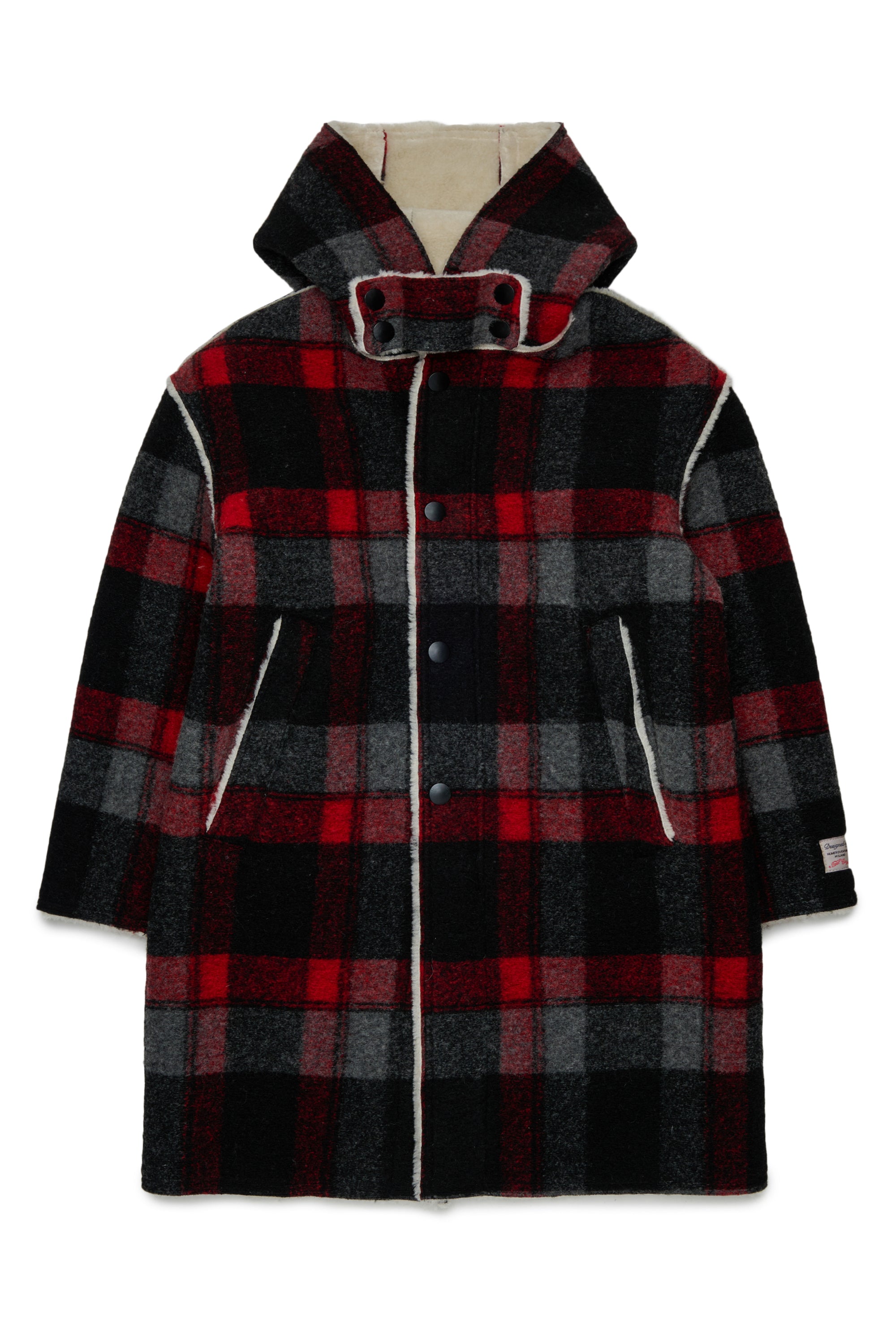 WOOL BLEND PLAID COAT WITH HOOD - BLACK/RED