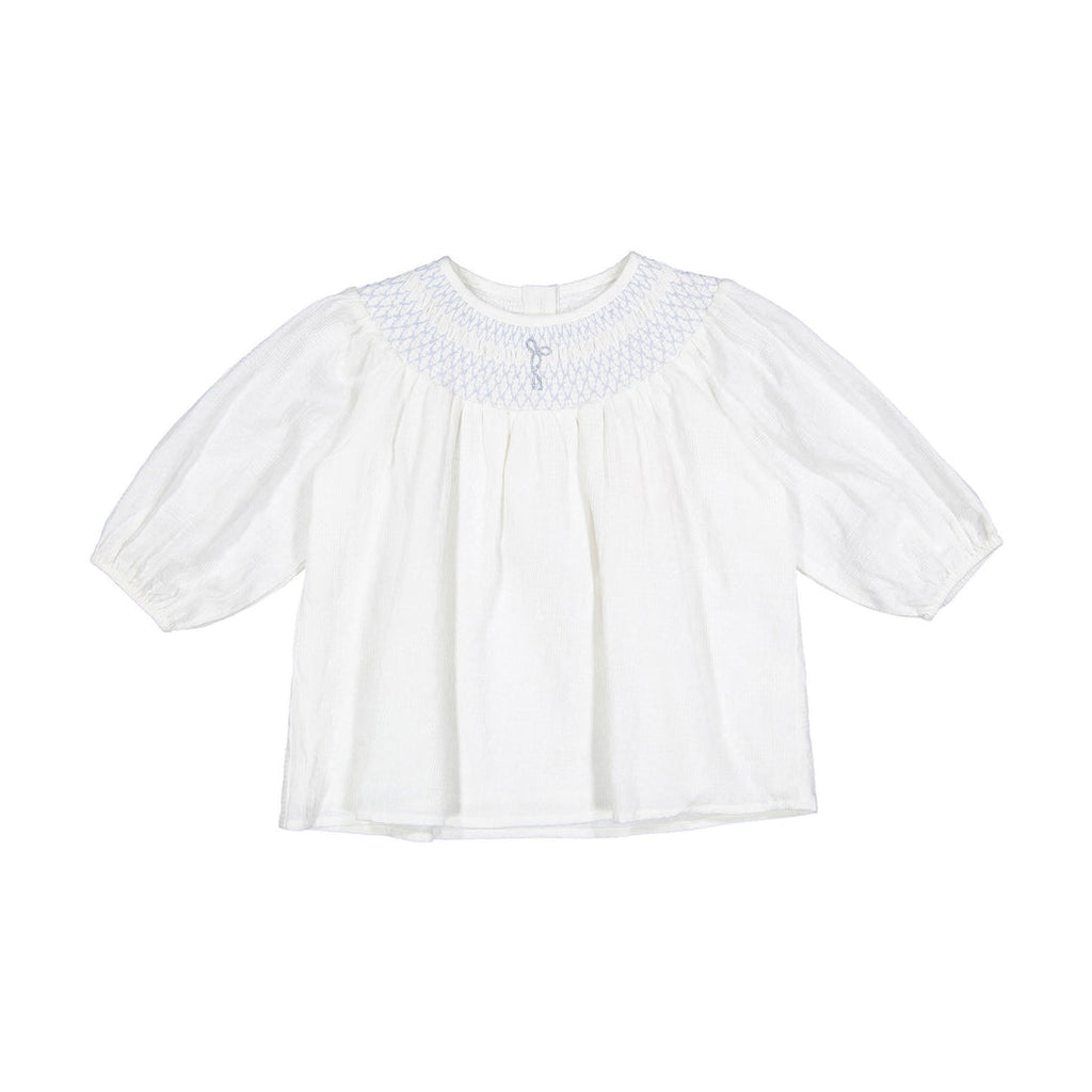 1984309 White Embroidered Smocked 3/4 Sleeve Blouse