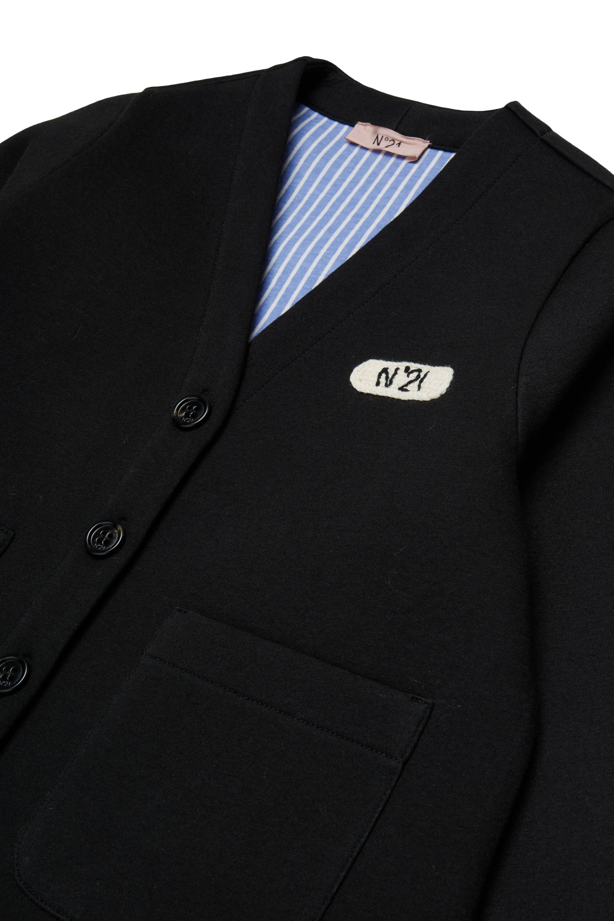 NEOPRENE VNECK CARDIGAN WITH BLUE STRIPE LINING  BLACK