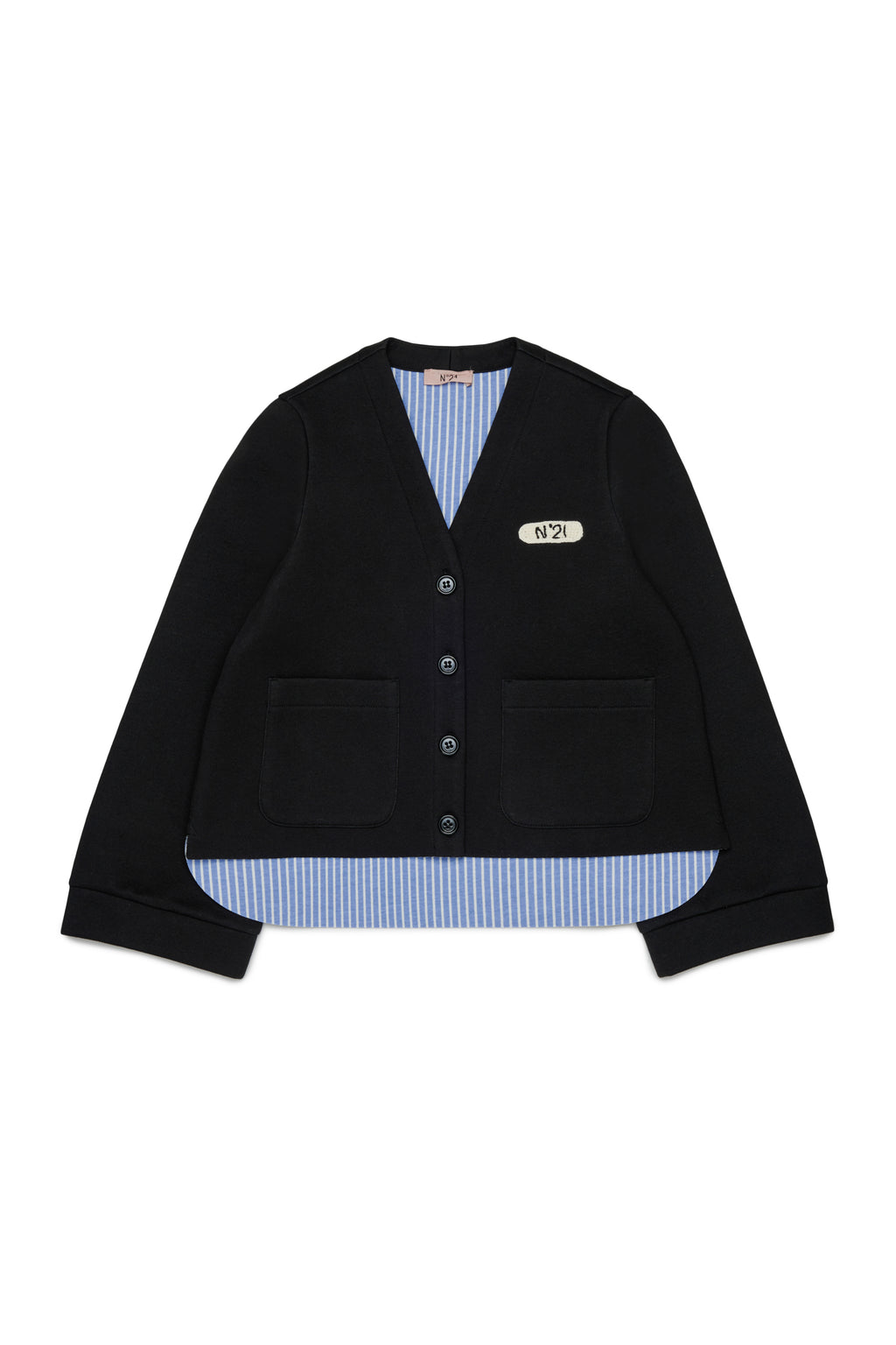 NEOPRENE VNECK CARDIGAN WITH BLUE STRIPE LINING  BLACK