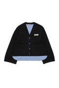 NEOPRENE VNECK CARDIGAN WITH BLUE STRIPE LINING  BLACK