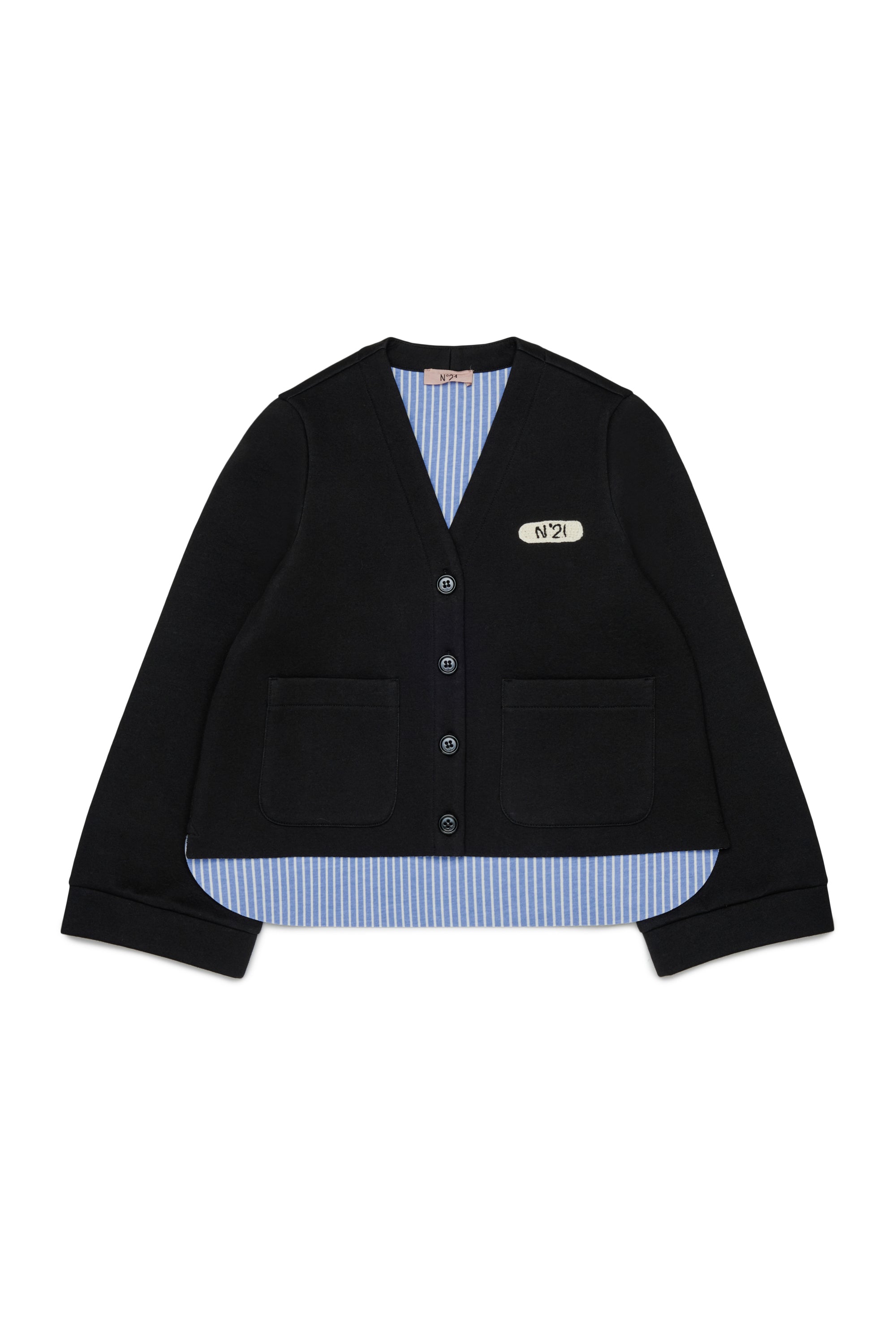 NEOPRENE VNECK CARDIGAN WITH BLUE STRIPE LINING  BLACK