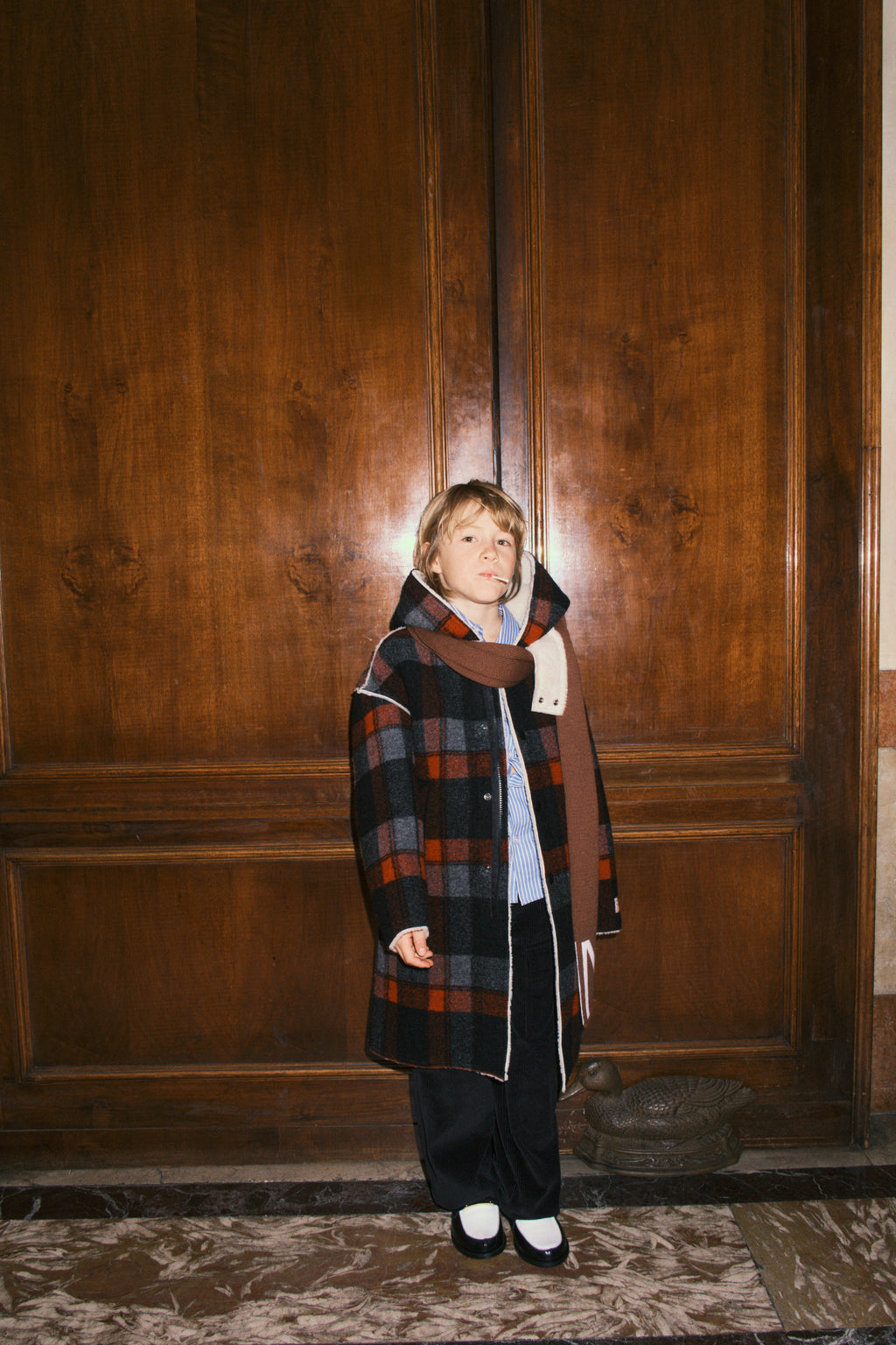 WOOL BLEND PLAID COAT WITH HOOD - BLACK/RED