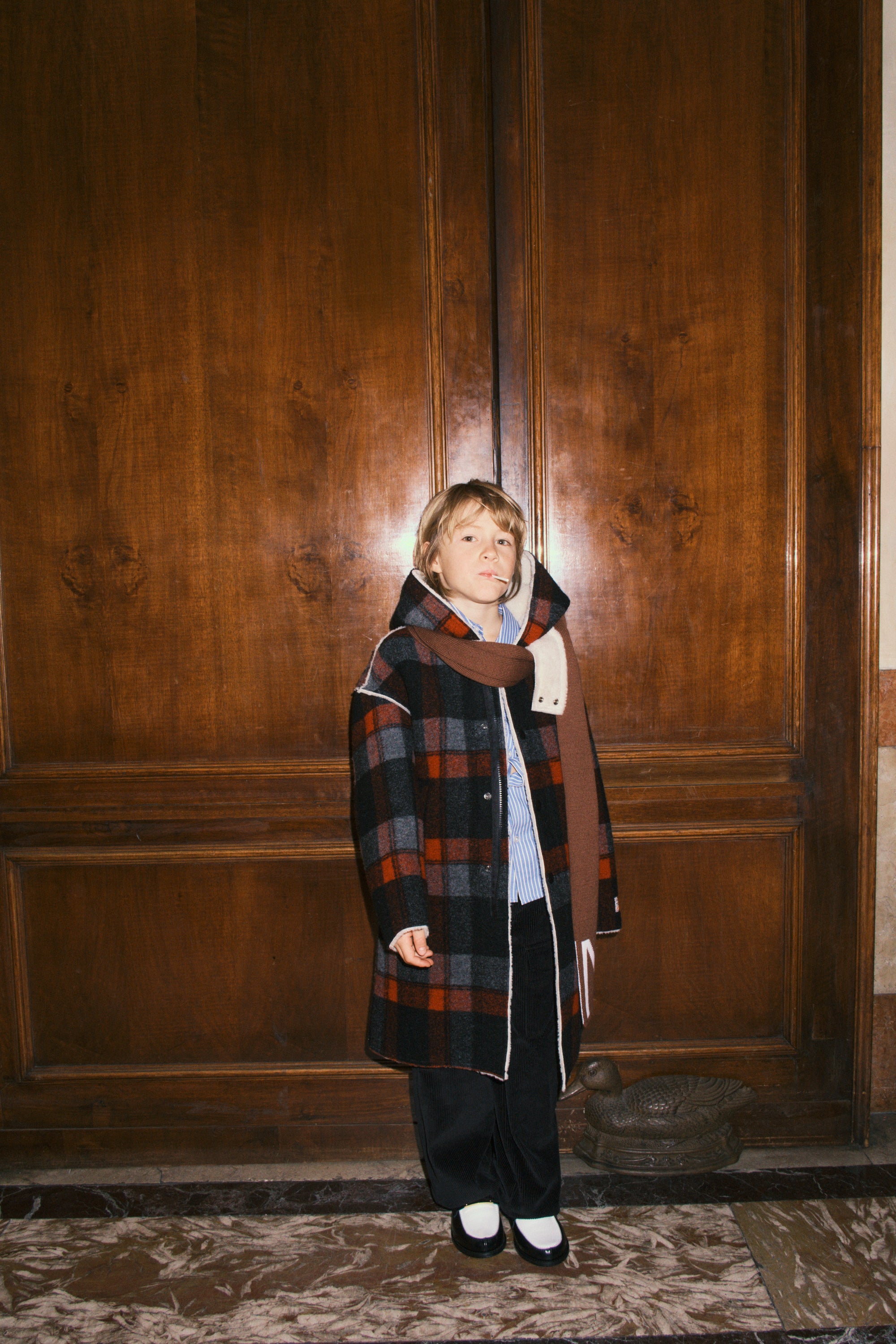 WOOL BLEND PLAID COAT WITH HOOD - BLACK/RED