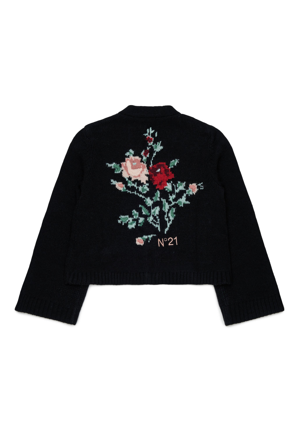 KNIT CARDIGAN WITH JACQUARD FLOWERS ON BACK - BLACK